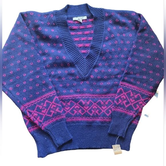 NWT Vintage Calvin Klein Sweater Large Wool Fair Isle V Neck - Picture 1 of 6